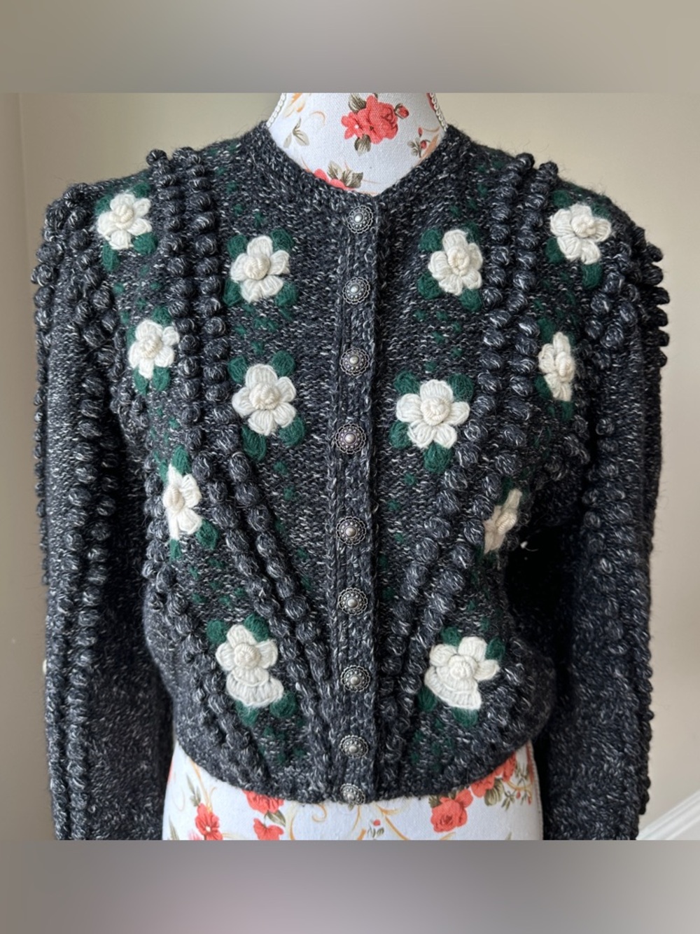 Handmade Cropped Cardigan Knit Sweater Popcorn Floral Gray White Alpaca Wool